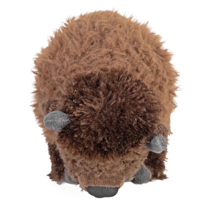 Wild Republic 12 inch bison plush head on, showing the woolly forehead cap and grey horns
