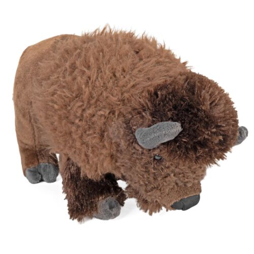 Wild Republic 12 inch bison plush, three-quarter view, shaggy brown fur with grey horns and hooves