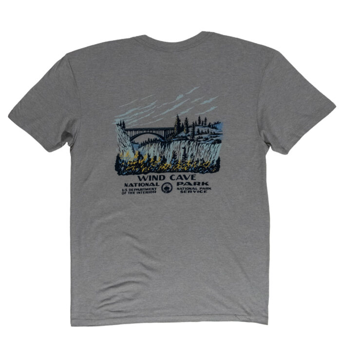 Wind Cave National Park t-shirt back, Beaver Creek Bridge arching over a wooded canyon