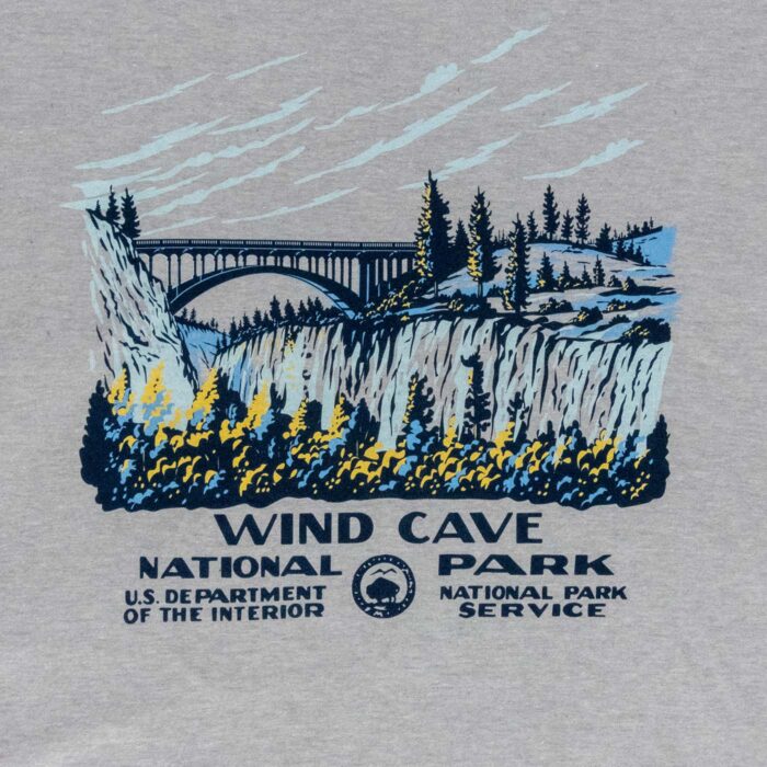 Wind Cave National Park t-shirt back graphic: Beaver Creek Bridge over the canyon with pines and cliffs