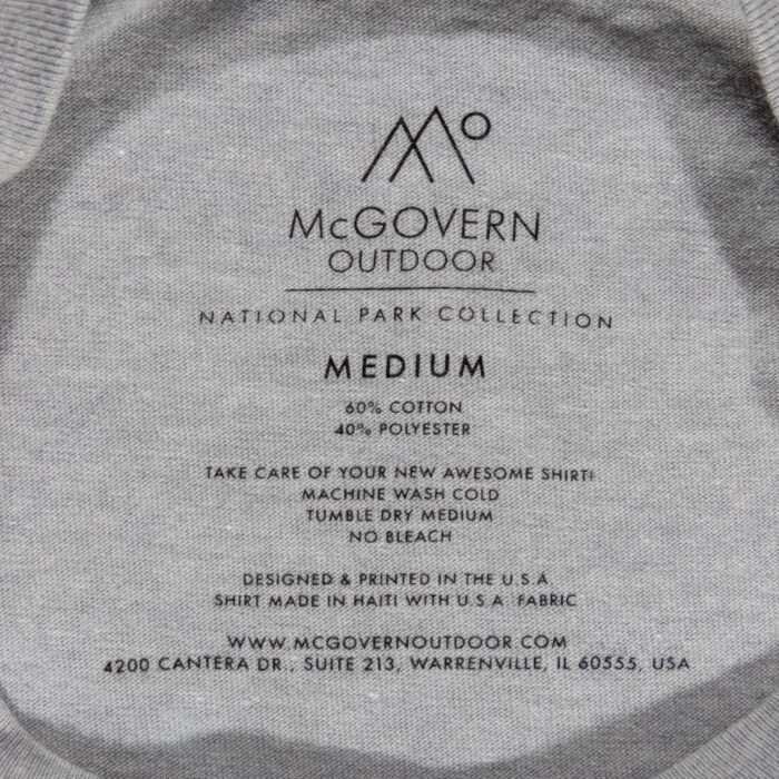 McGovern Outdoor label: 60 percent cotton, 40 percent polyester, machine wash cold, designed and printed in the USA