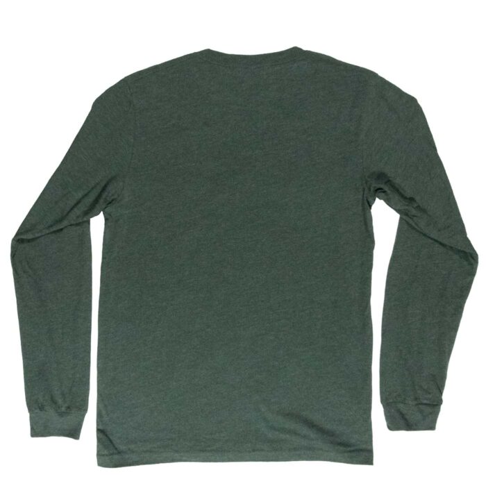 Back of the heather green long-sleeve tee, unprinted, with ribbed cuffs