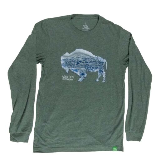 Wind Cave National Park bison sketch long-sleeve tee in heather green, front view with the blue bison print on the chest