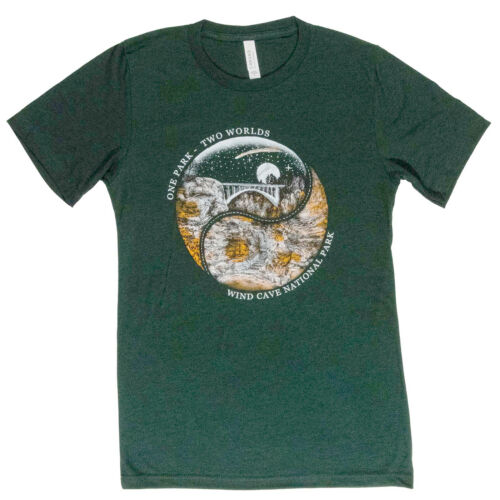 Heather forest green Wind Cave National Park t-shirt, front, with the One Park Two Worlds yin-yang emblem