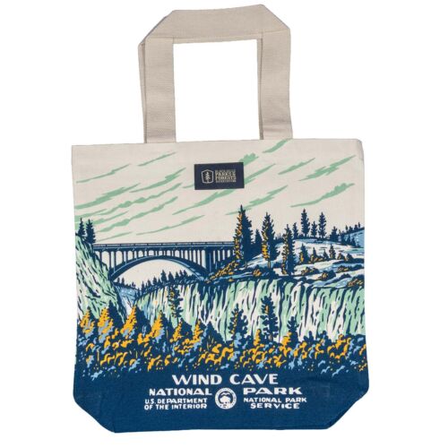 Wind Cave National Park recycled canvas tote bag, bridge side, stone arch bridge spanning a wooded canyon in WPA poster style