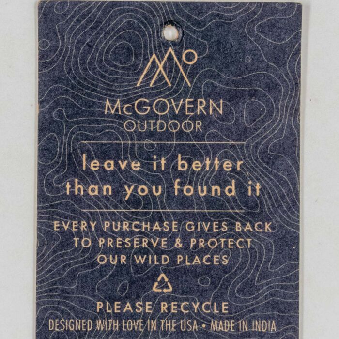 Back of hang tag reading Leave it better than you found it, Every purchase gives back