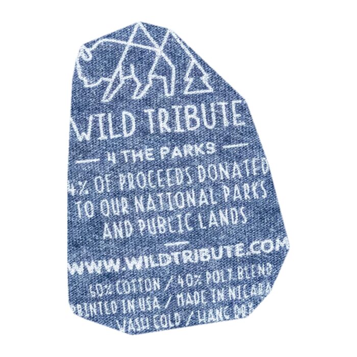 Wild Tribute 4 the Parks collar label showing 60% cotton 40% poly blend, printed in USA, made in Nicaragua