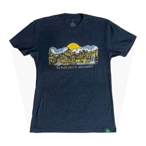 Black Hills of South Dakota Panorama T-Shirt, front view showing illustrated panorama of seven Black Hills landmarks