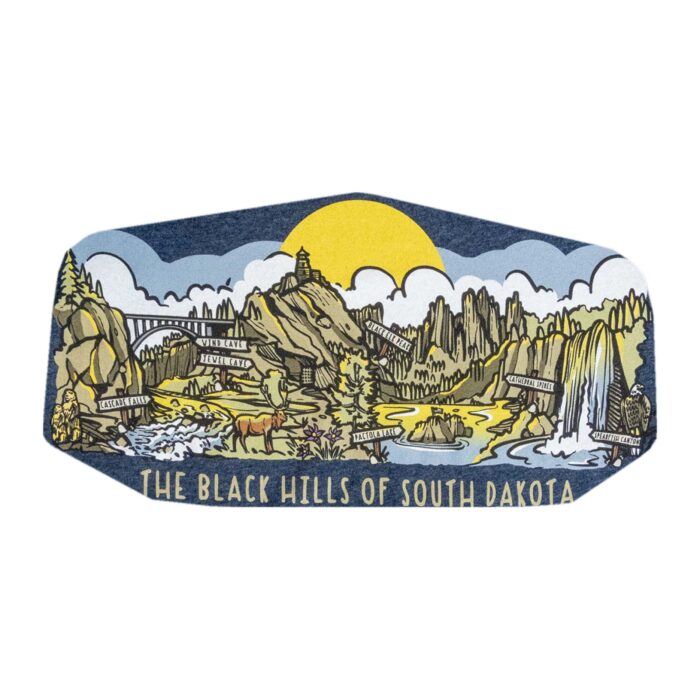 Close-up of the Black Hills panorama illustration showing Cascade Falls, Wind Cave, Jewel Cave, Black Elk Peak, Pactola Lake, Cathedral Spires, and Spearfish Canyon