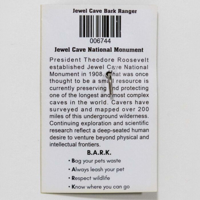 Jewel Cave BARK Ranger pet tag info card with B.A.R.K. rules and monument description