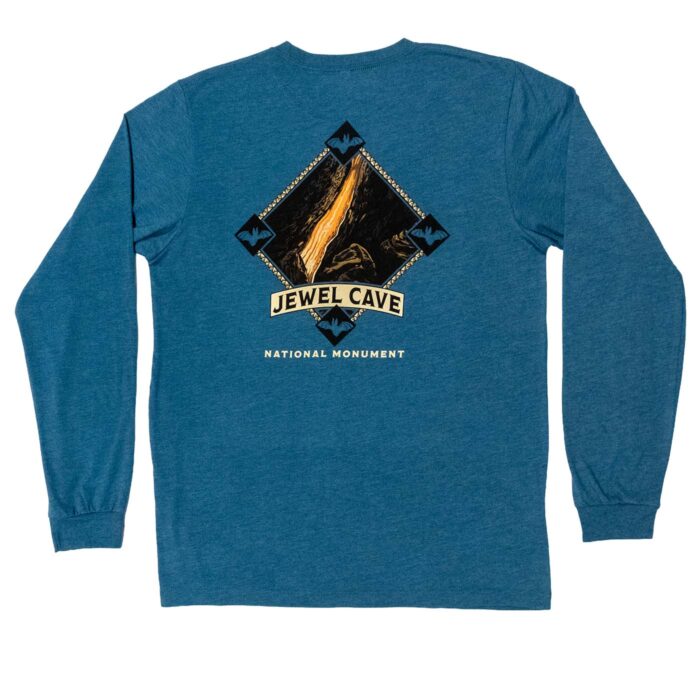 Back of the tee: a painting of a banded orange ribbon of cave bacon flowstone in a diamond frame with a bat at each point.