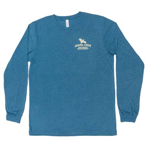 Heather blue long-sleeve tee with a cream bat and the words Jewel Cave National Monument printed small on the chest.