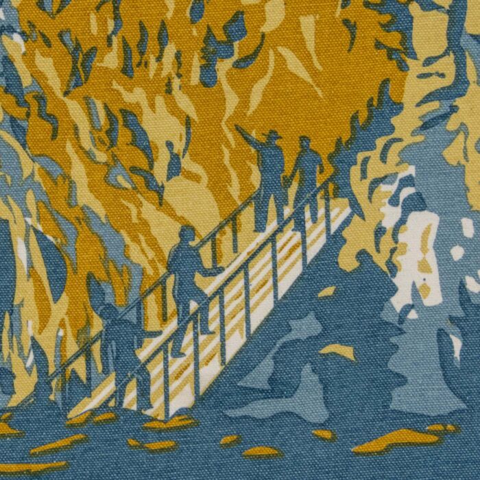 Detail of the cave artwork: four figures climbing a railed stairway, the one in front in a flat-brimmed ranger hat, among gold and blue calcite walls.