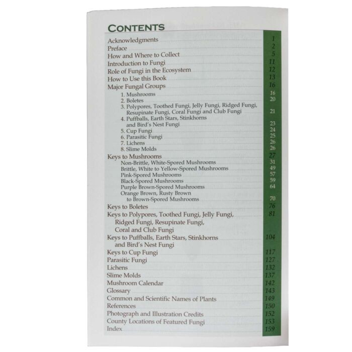 Table of contents page from Mushrooms and Other Fungi of the Black Hills field guide showing chapter sections on mushrooms, boletes, polypores, puffballs, cup fungi, parasitic fungi, lichens, and slime molds