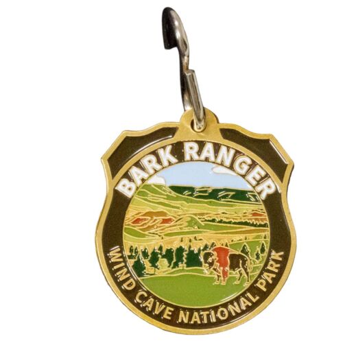 Wind Cave National Park BARK Ranger pet tag, front view showing bison on rolling prairie