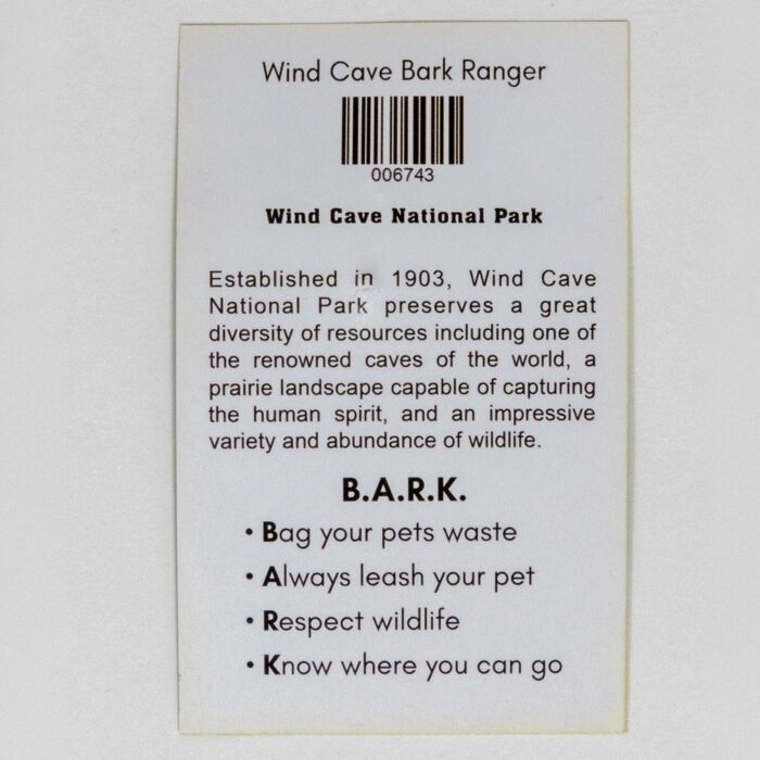 Wind Cave BARK Ranger pet tag info card with B.A.R.K. rules and park description