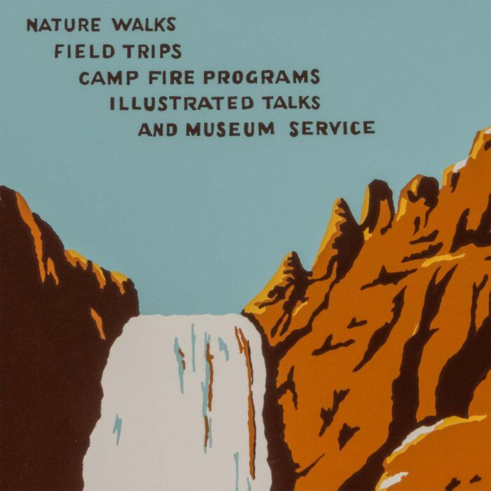 Yellowstone Falls WPA poster 1996 edition, detail of the Lower Falls and canyon walls in brown and amber