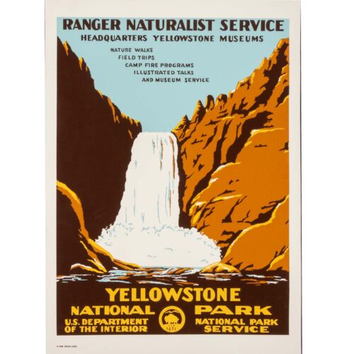 Yellowstone Falls WPA poster, 1996 edition, warm brown and amber colorway