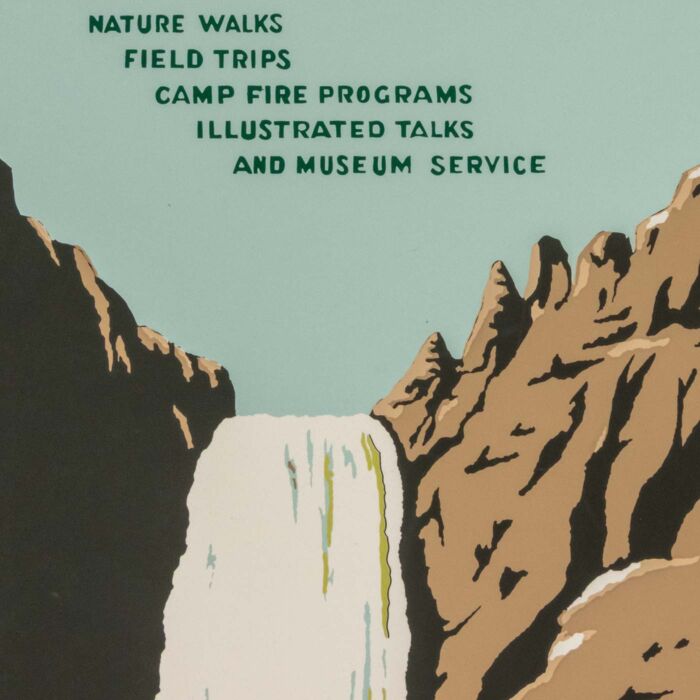 Yellowstone Falls WPA poster 2014 edition, detail of the Lower Falls and canyon walls in green and tan