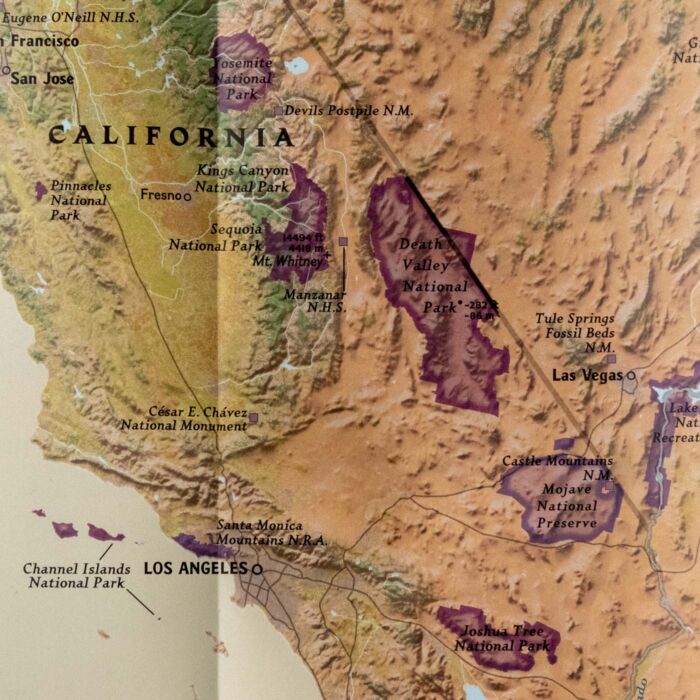 National Parks of the United States wall map detail showing park locations