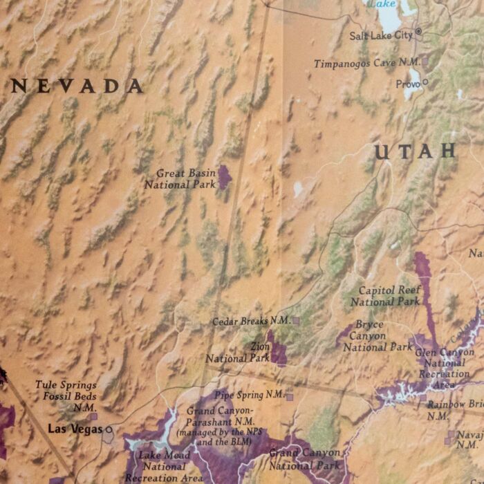 National Parks of the United States wall map detail showing geographic features