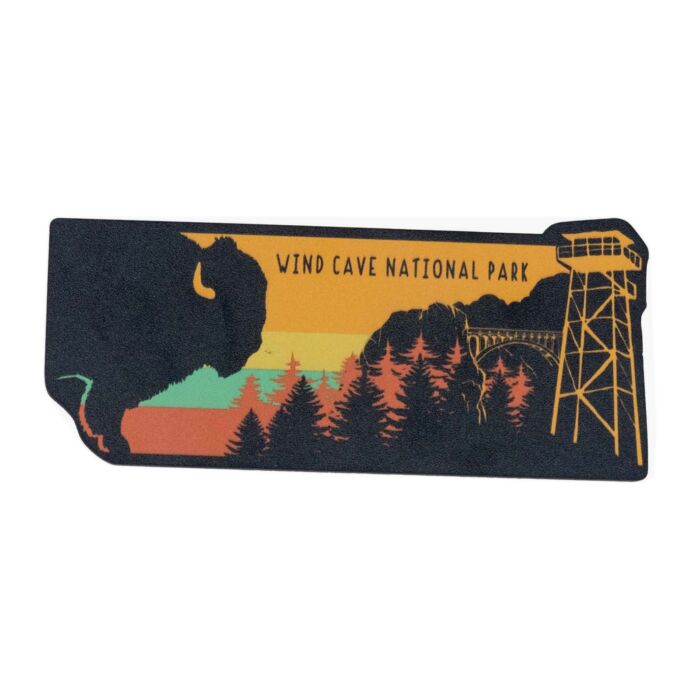 Wind Cave Fire Tower bison magnet with four colored stripes, front