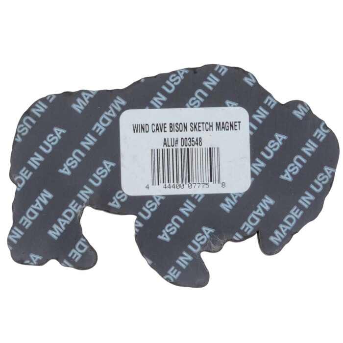 Back of Wind Cave green bison magnet showing Made in USA print and product label