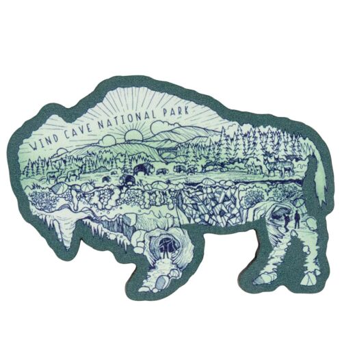 Front of Wind Cave National Park green bison magnet, with bison on the prairie and cave passages inside the outline