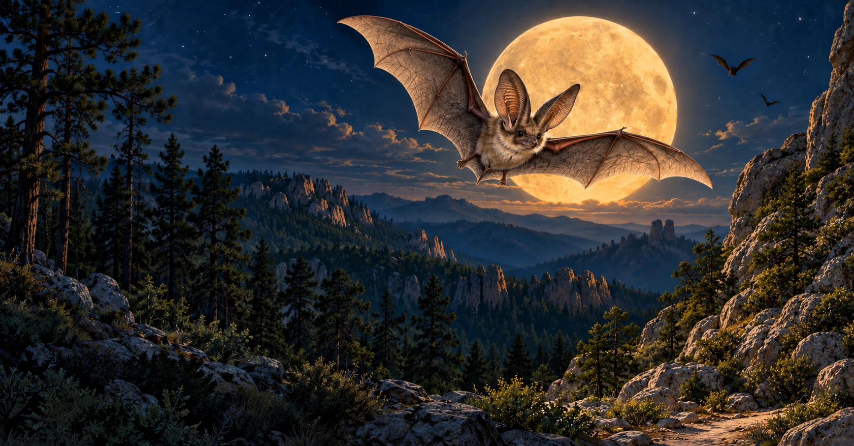 A big-eared bat above the Black Hills beneath a golden moon