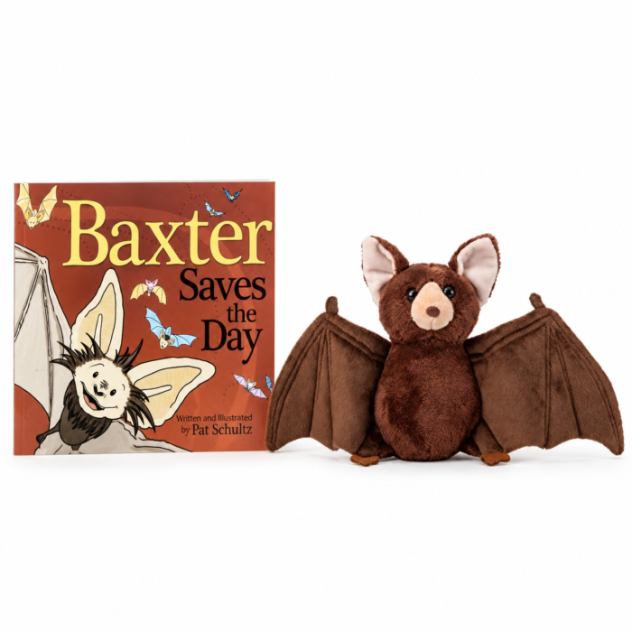 Baxter Saves The Day paperback beside the 8-inch bat plush