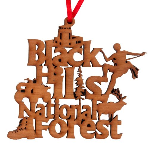 Black Hills National Forest wood ornament with red hanging ribbon