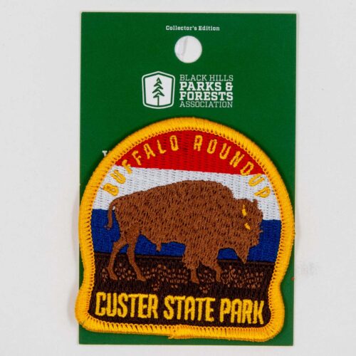 Custer State Park Buffalo Roundup embroidered patch showing a bison on its display card