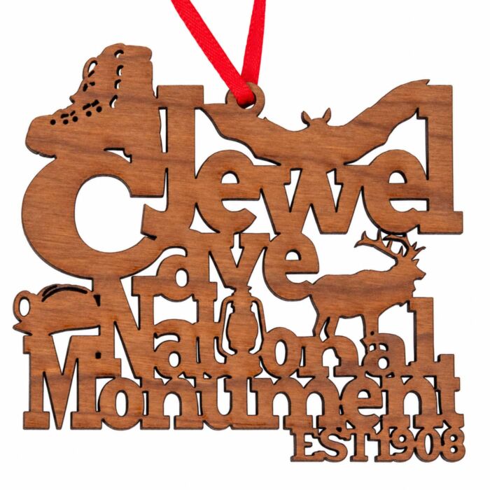 Jewel Cave National Monument wood ornament with red ribbon, bat, elk, lantern, helmet, boot, and Est. 1908 cutouts
