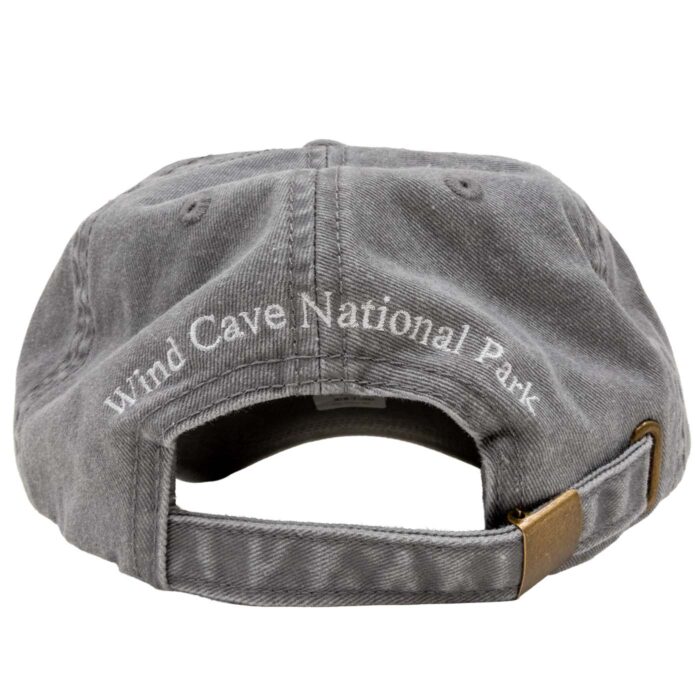Back of prairie dog hat with Wind Cave National Park embroidery and adjustable strap