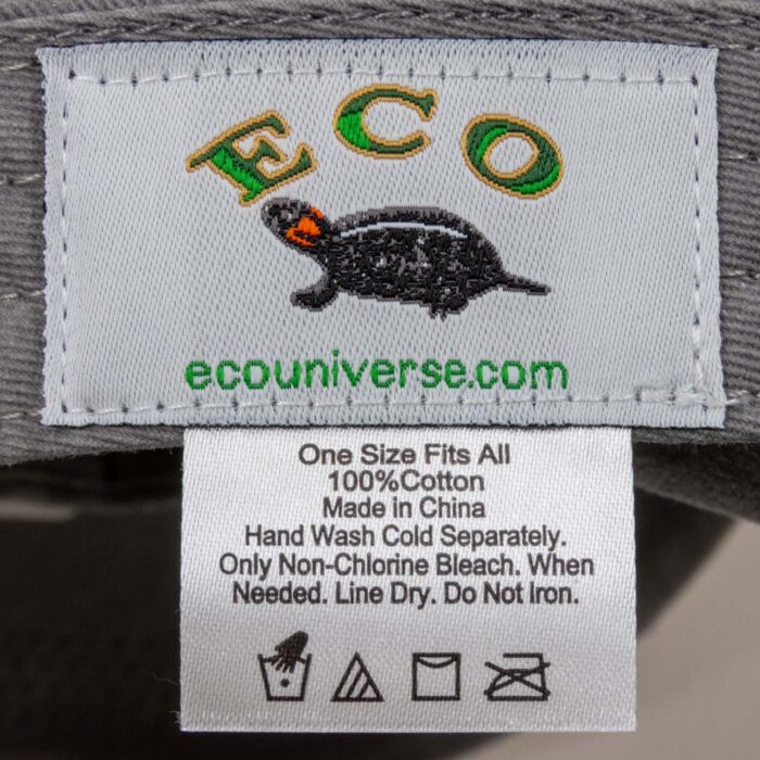 ECO Wear hat label with cotton content, sizing, China origin and care instructions