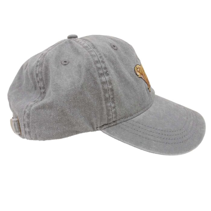 Side view of gray cotton prairie dog baseball cap and curved brim